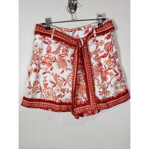 Rachel Zoe 100% Linen Shorts High Rise Boho Floral Orange Festival Beach M